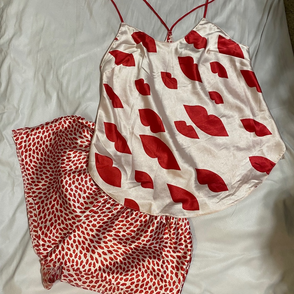 Victoria's Secret Red Lips Satin Cami & Shorts Pajama Set